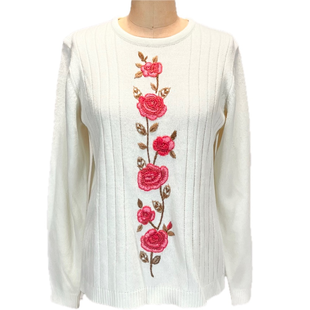 VINTAGE cottage rose‎ embroidered knit sweater floral flower garden cottagecore